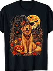 Halloween Golden Retriever Short Sleeve Tee Witch Bandana Pumpkin Lantern Cabin