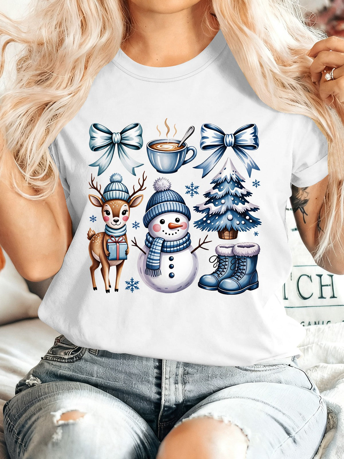 Winter Christmas T-Shirt, Snowman Reindeer Tree Bow Coffee Graphic Tee