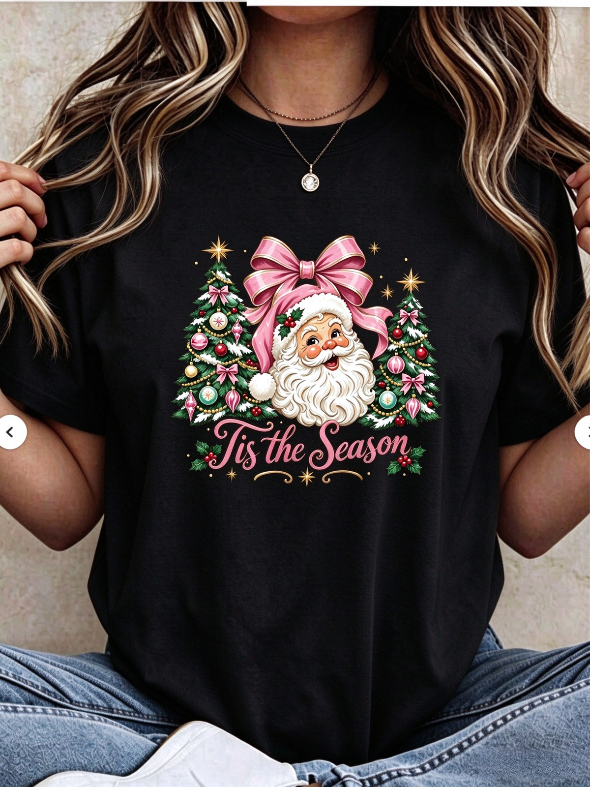 Tis The Season T-Shirt, Santa Pink Bow Christmas Tree Holiday Graphic Tee