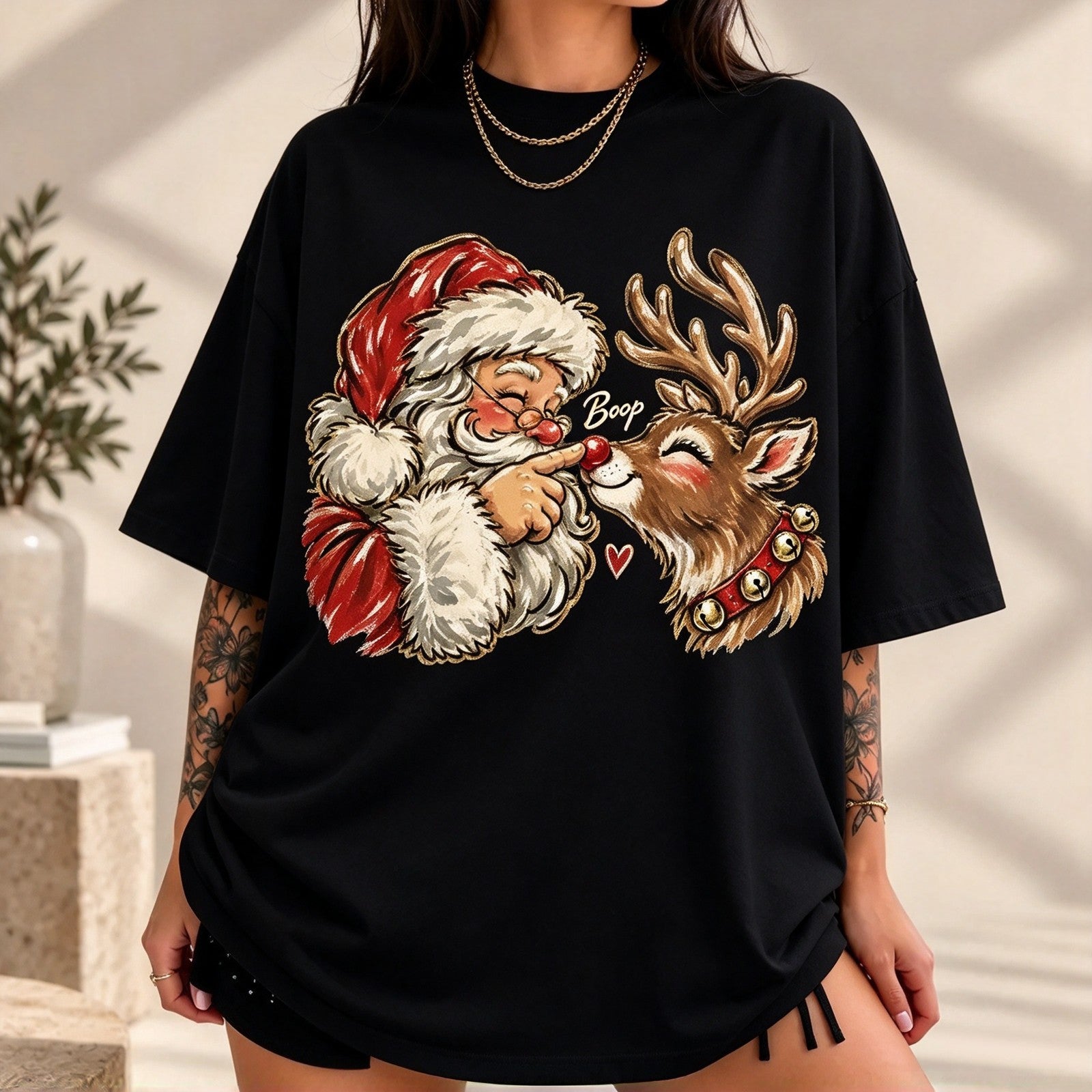 Santa & Reindeer Christmas T-Shirt,Vintage Holiday Graphic Tee, Cute Santa Shirt