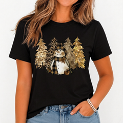 Women's Leopard Plaid Snowman Christmas Tree Graphic T-Shirt