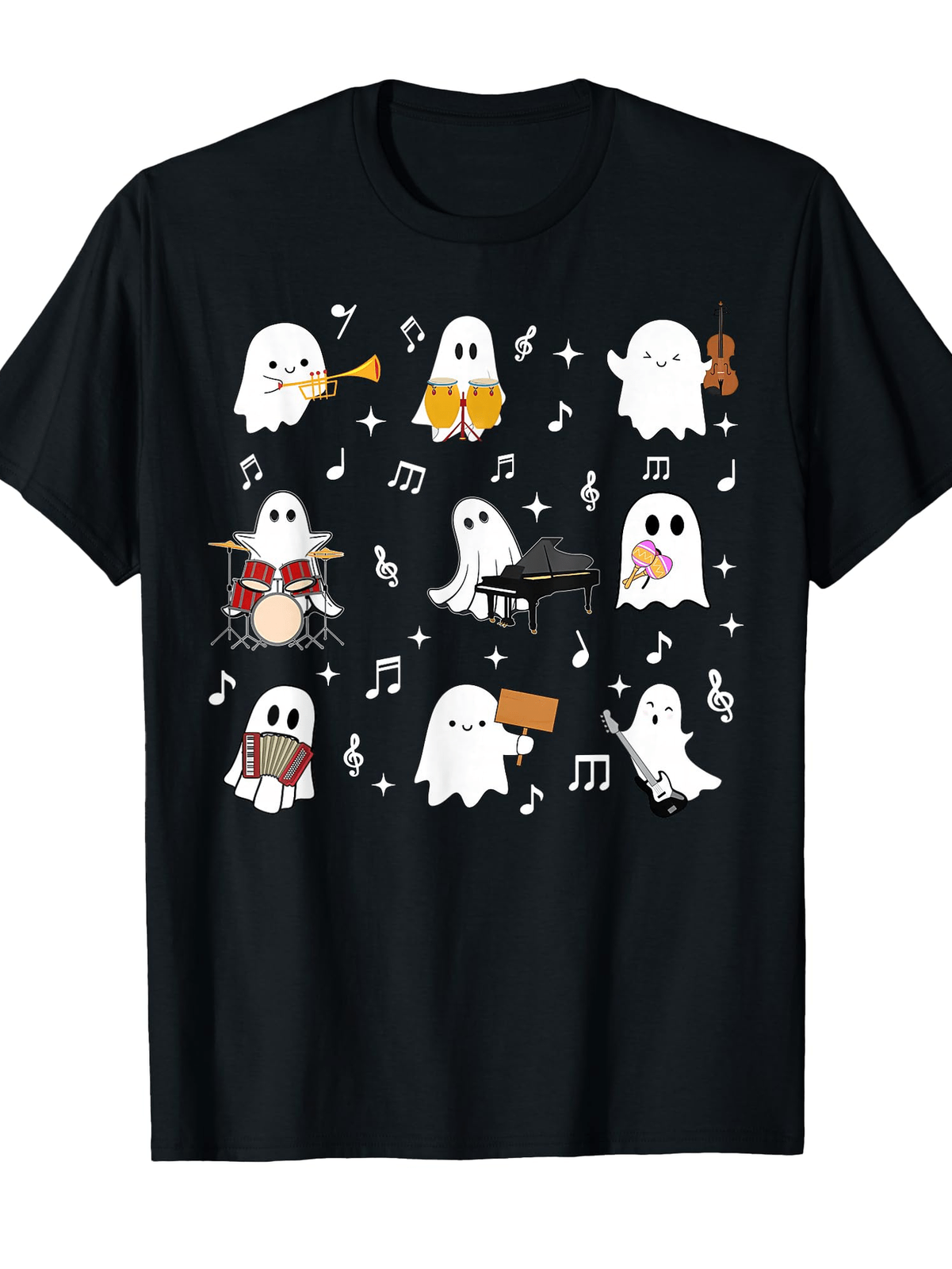 Ghost Music Band Tshirt Spooky Halloween Cute Ghosts Musical Instruments Casual