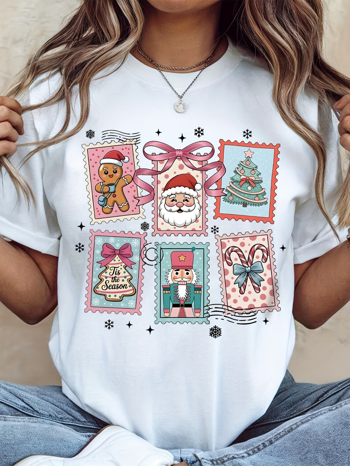 Christmas Stamp Collage T-Shirt Retro Santa Nutcracker Gingerbread Xmas Bow Tee