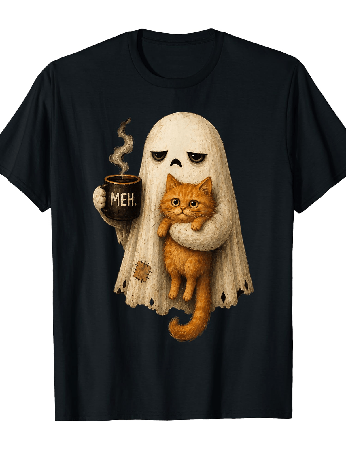 Ghost Cat Spooky Orange Cat Funny Halloween Coffee Lover T-Shirt