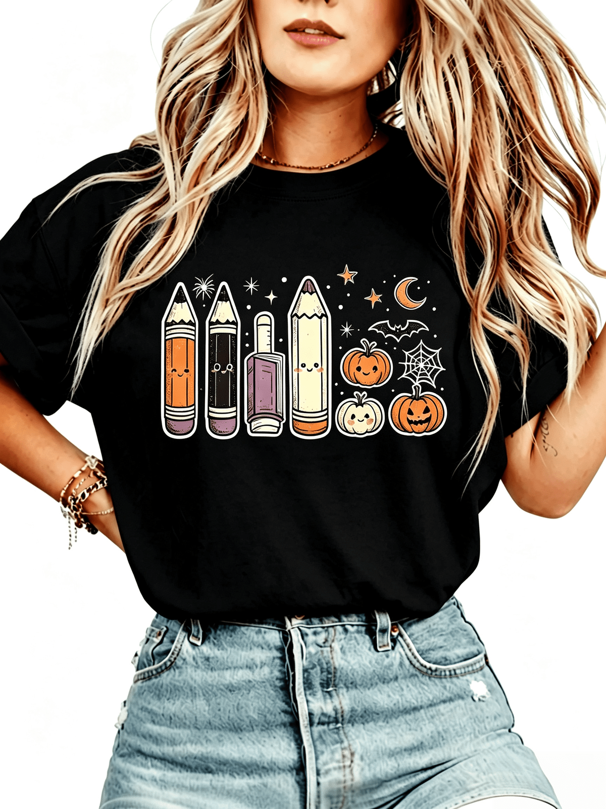 Halloween Teacher T-Shirt Cute School Supplies Witch Pencil Tee