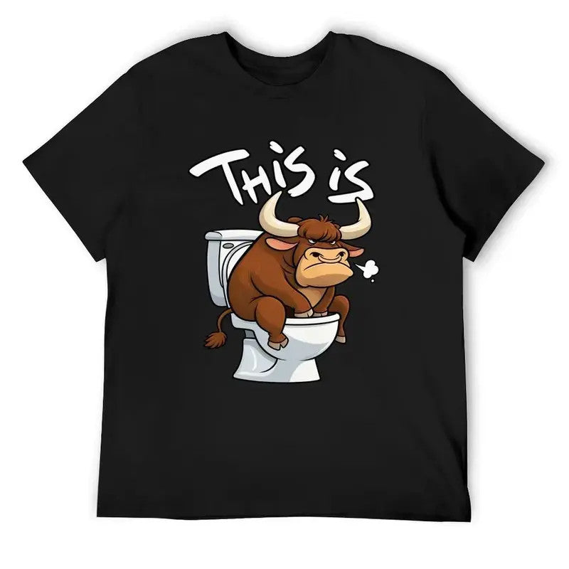 This Is Bull Toilet Graphic T-Shirt, Cartoon Bull Graphic Tee, Black Shirt