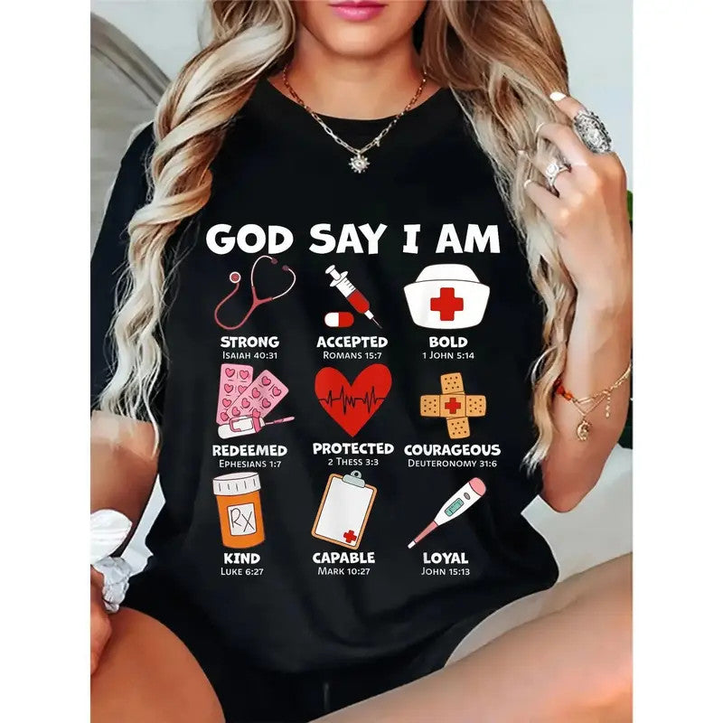 Lirae Muse God Says I Am Nurse Strong Protected Religious Nurse Nursing T-Shirt
