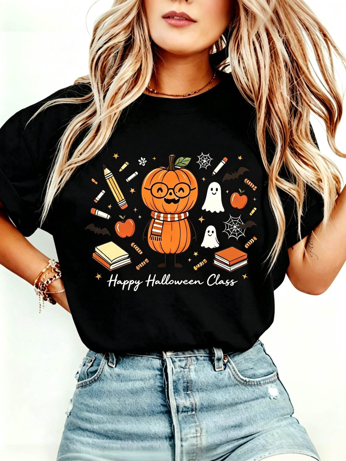 Halloween Teacher T-Shirt Cute School Supplies Witch Pencil Tee