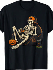 1pc Men' S Gaming Skeleton Print Black TShirt, Crew Neck, Casual Cotton Tee