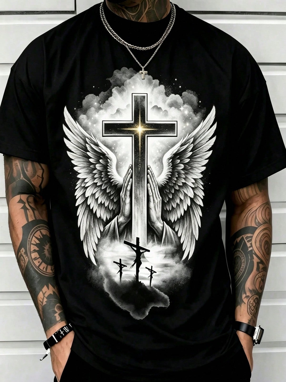 Man S' Lion Cross Print Black TShirt, Crew Neck, Casual Cotton Tee
