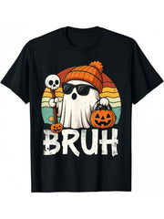 Halloween Bruh Ghost Graphic Tee Vintage Sunset Background Ghost Pumpkin Print