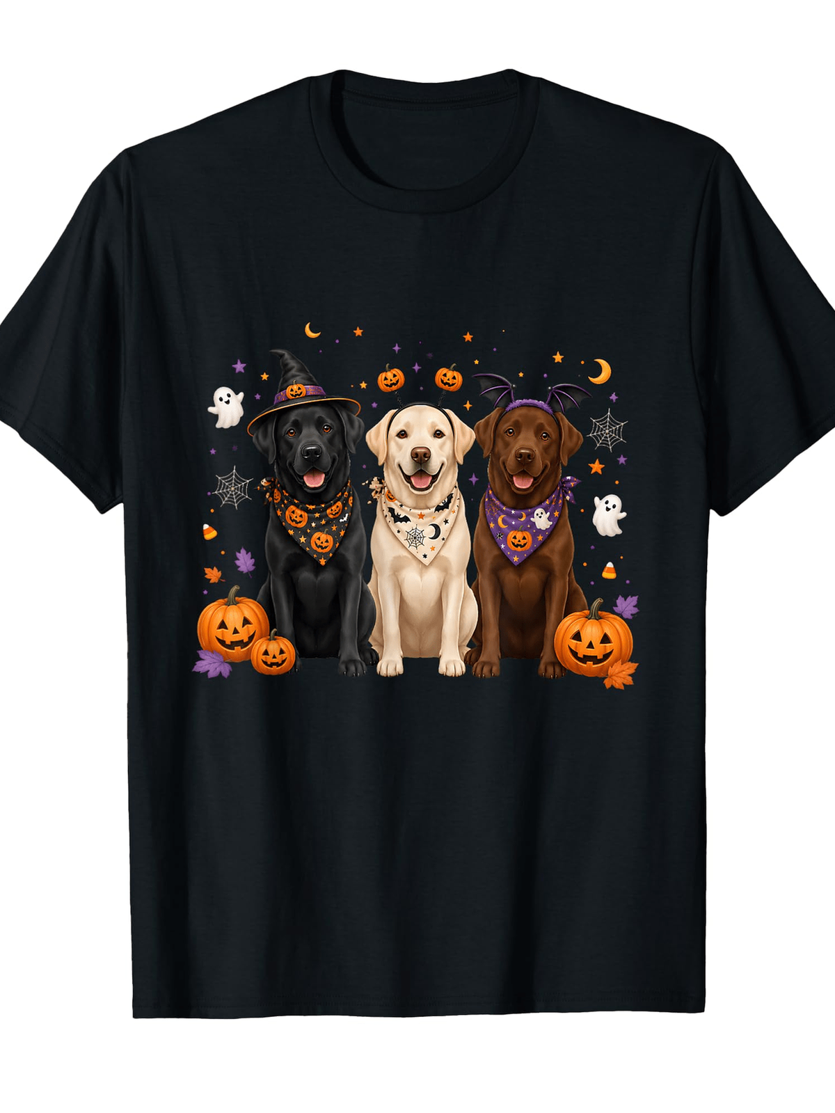 Halloween Lab Trio Graphic Labrador Retriever Pumpkin Spiderweb Ghost Fall TEE