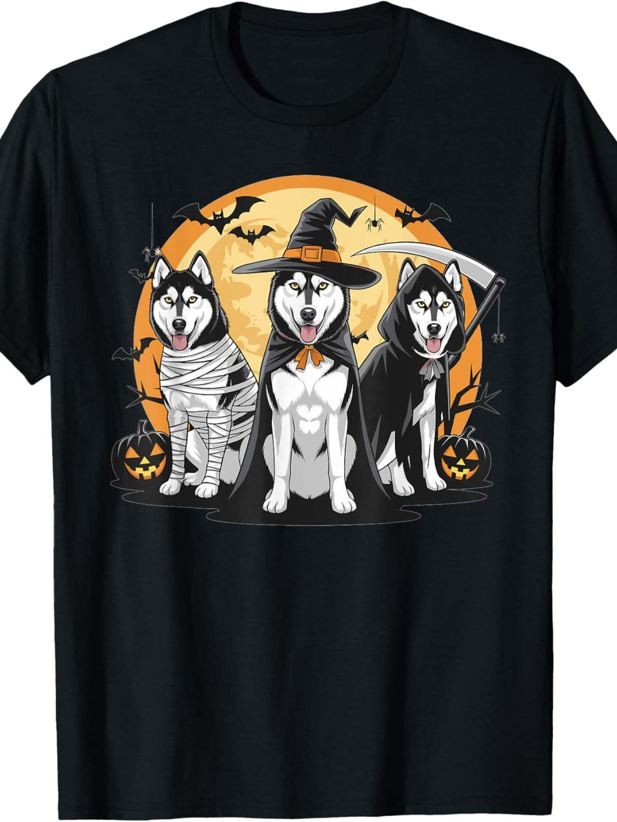 Halloween Husky Dog Graphic T-Shirt Mummy Witch Reaper Husky Full Moon Pumpkin