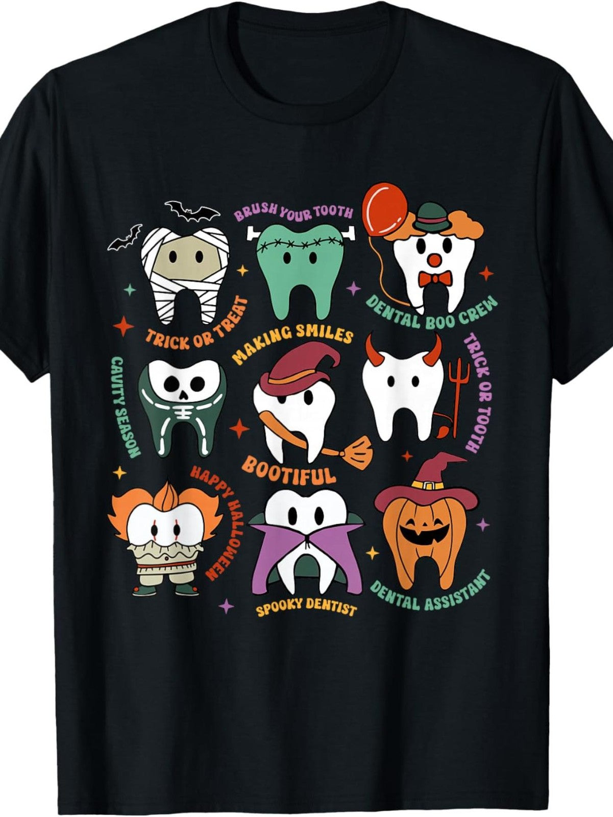 Dentist Halloween Tee, Trick Or Tooth Bootiful Graphic Black Short Sleeve