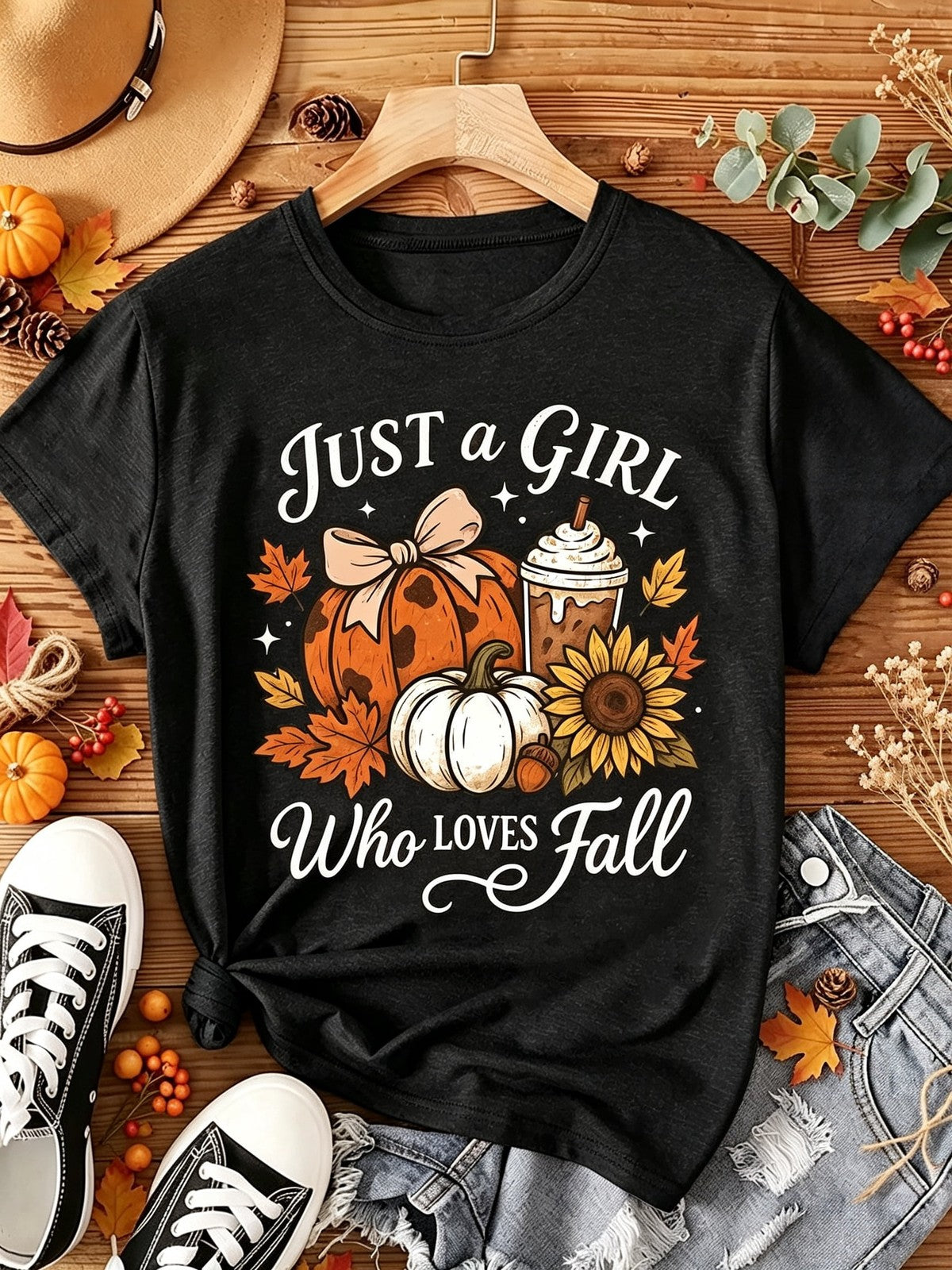 Just A Girl Who Loves Fall T-Shirt Pumpkin Sunflower Coffee Graphic Tee
