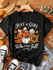 Just A Girl Who Loves Fall T-Shirt Pumpkin Sunflower Coffee Graphic Tee