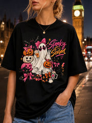 Halloween Spooky Season Short Sleeve Tee Cute Ghost Pink Bow Pumpkin Coffee Cat