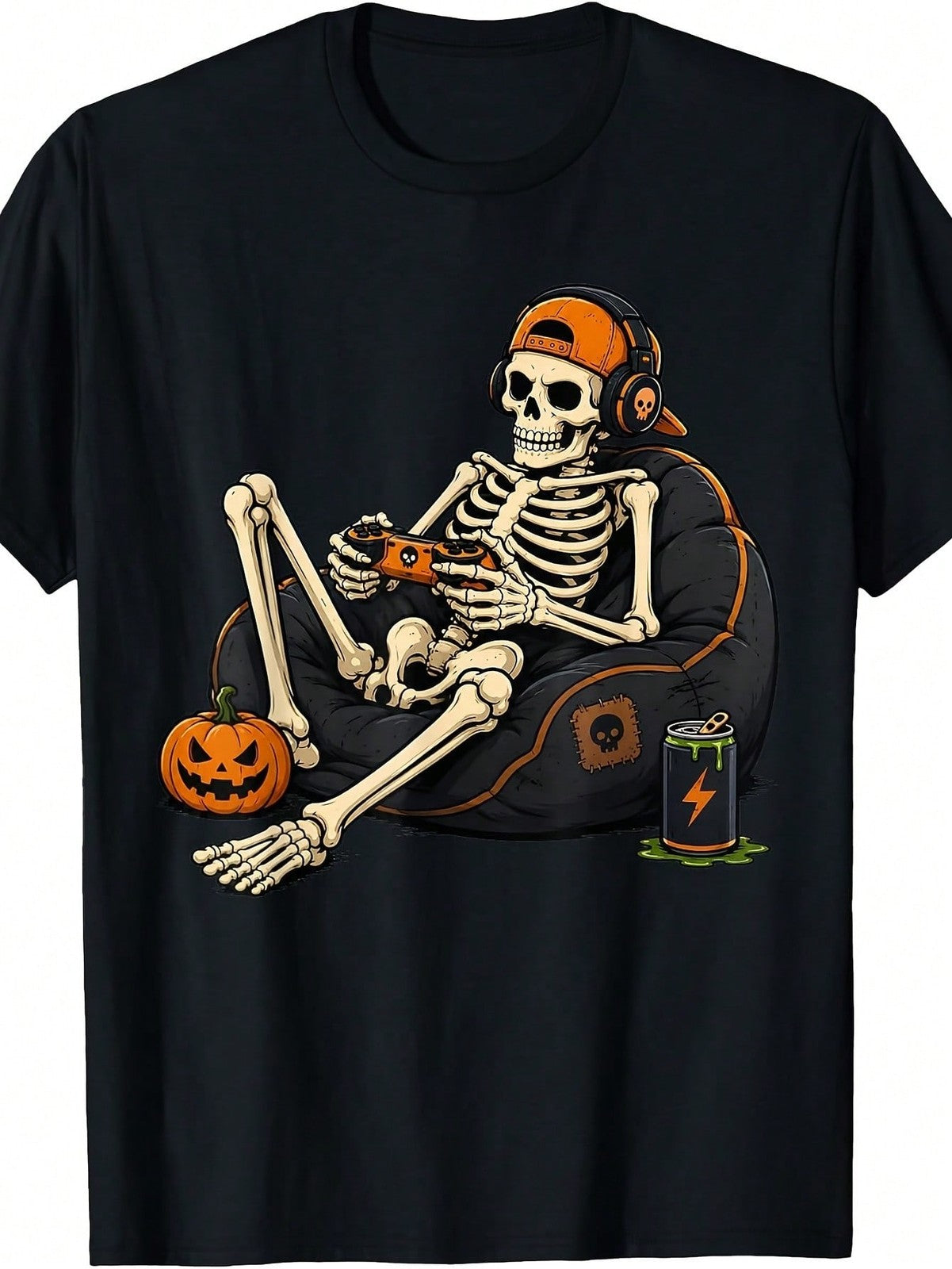 1pc Men' S Gaming Skeleton Print Black TShirt, Crew Neck, Casual Cotton Tee
