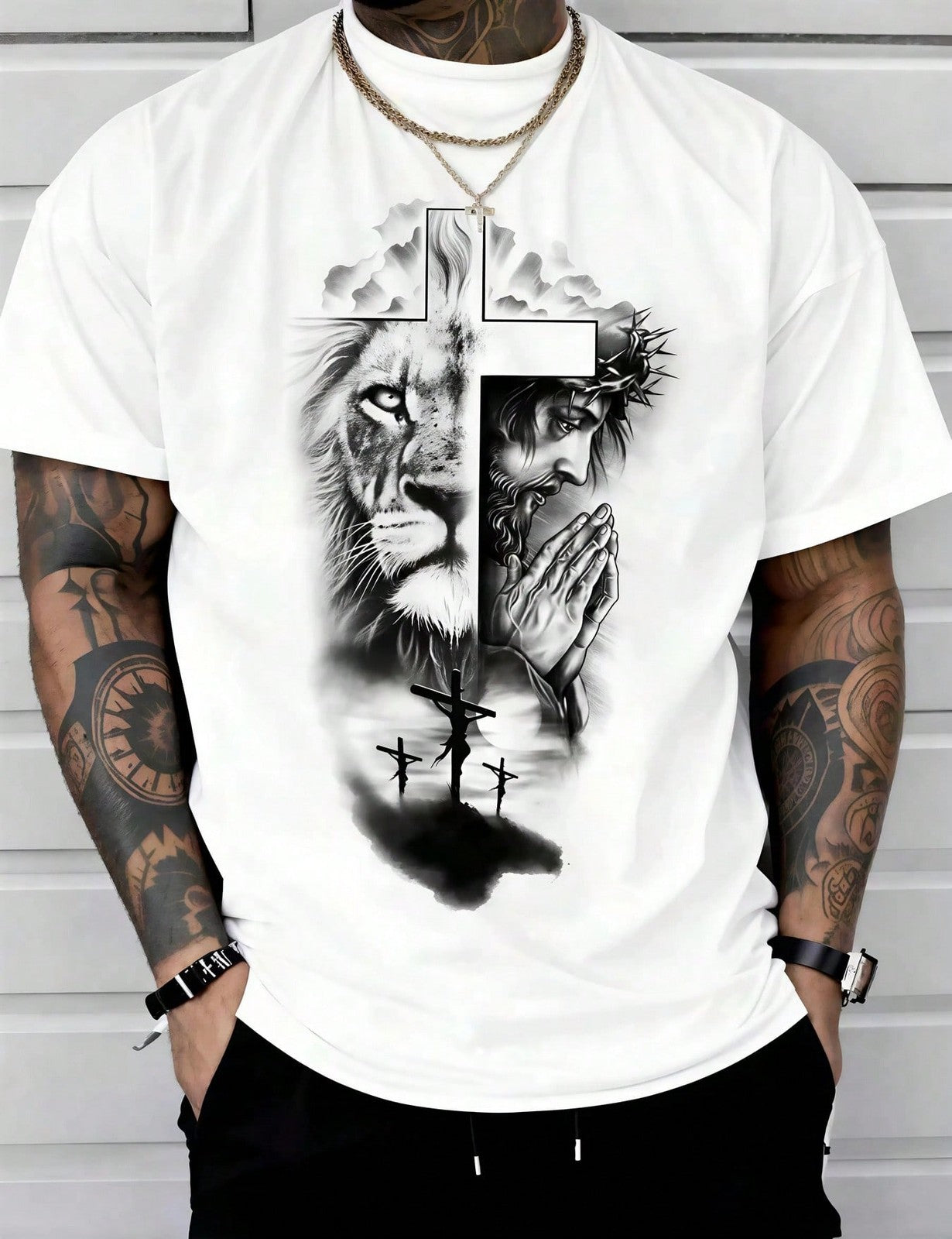 Man S' Lion Cross Print Black TShirt, Crew Neck, Casual Cotton Tee