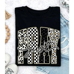 Leopard-Checkered Pattern Round Neck Personalized Letter Print Short Sleeve