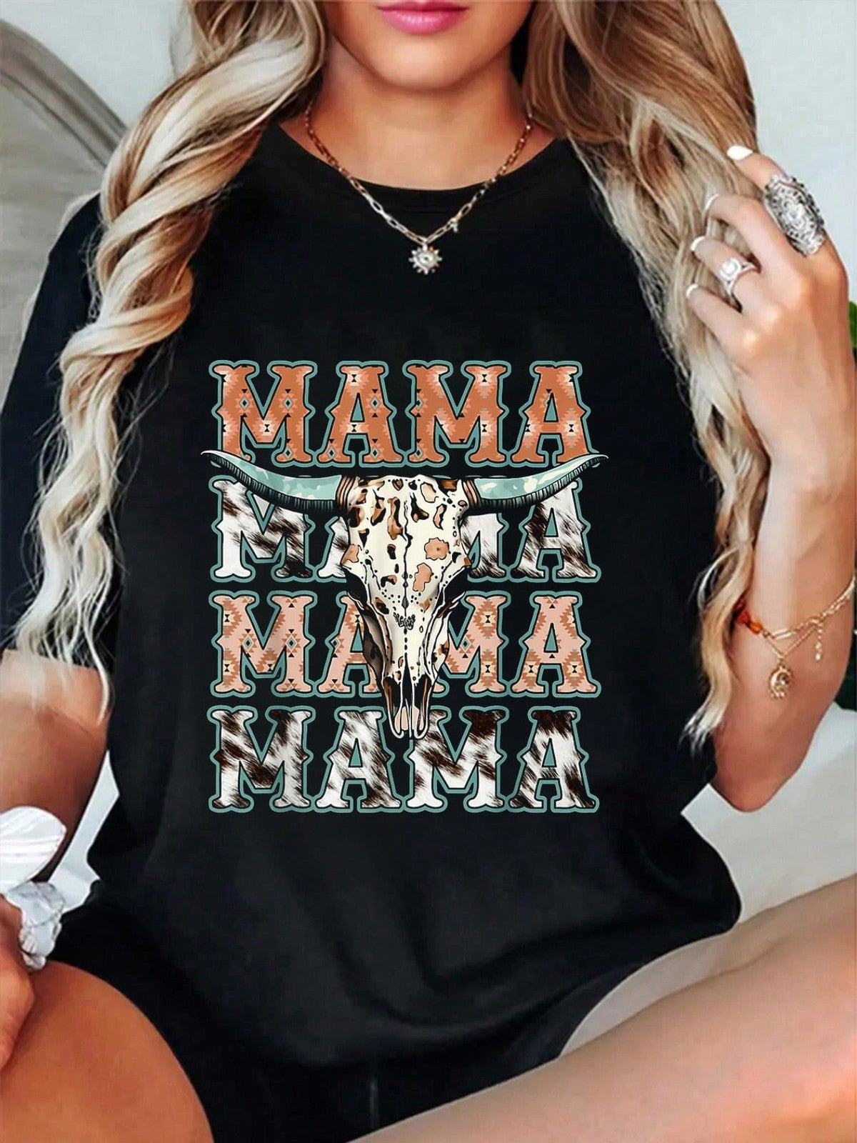 100% Cotton Mama Western Retro Groovy Cow Skull Country Rodeo Mother Day T-Shirt