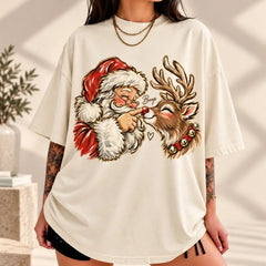 Santa & Reindeer Christmas T-Shirt,Vintage Holiday Graphic Tee, Cute Santa Shirt