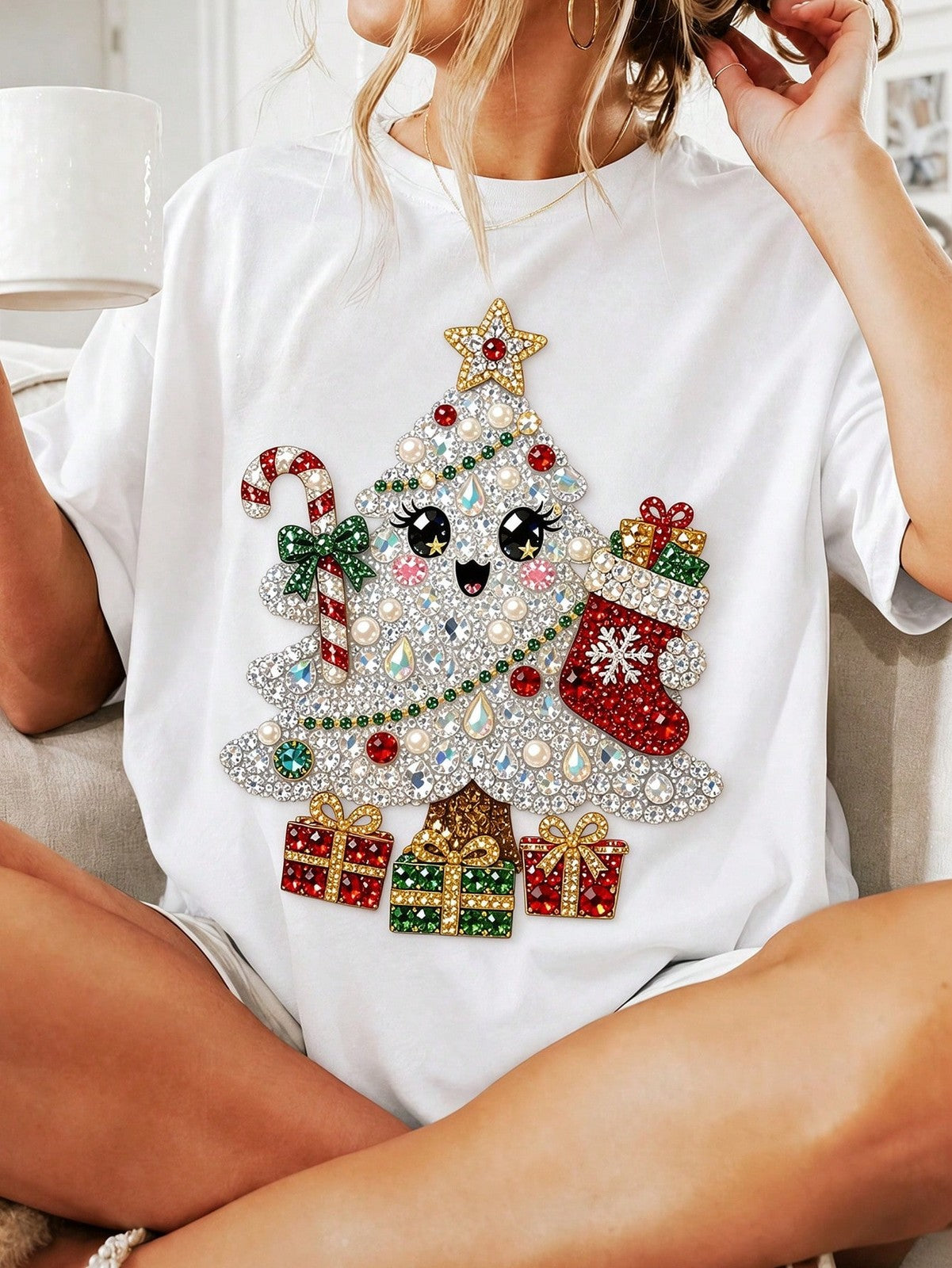 Women's Christmas Graphic T-Shirt,Rhinestone Santa, Candy Cane And Gift Print