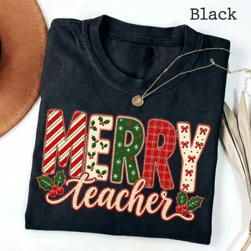 Merry Teacher Christmas Shirt, Faux Embroidery Patch Letters Tee, Coquette Bow