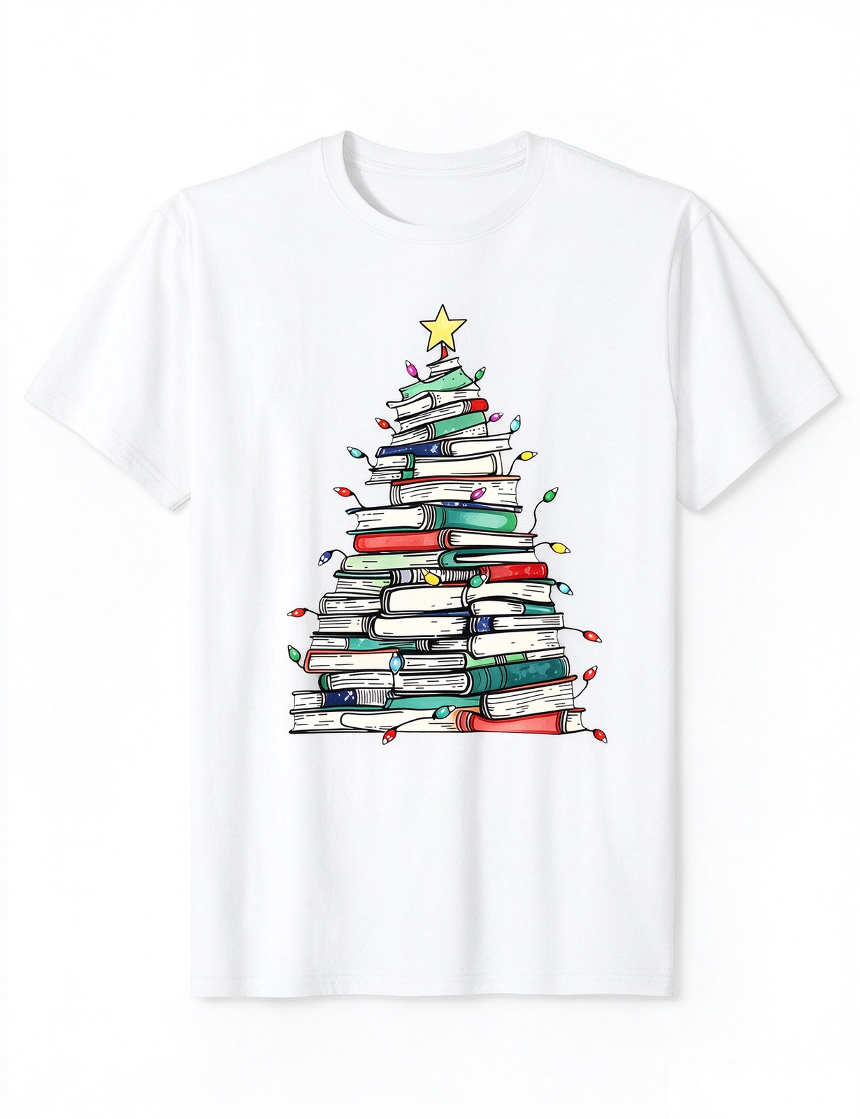 Christmas Tree Book Tee Bookworm Library Holiday Crew Neck White Short Sleeve