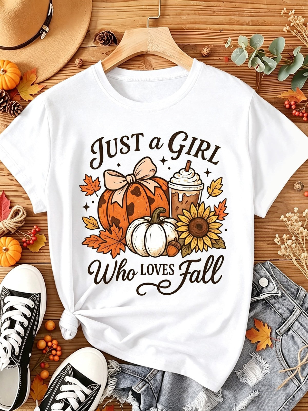 Just A Girl Who Loves Fall T-Shirt Pumpkin Sunflower Coffee Graphic Tee