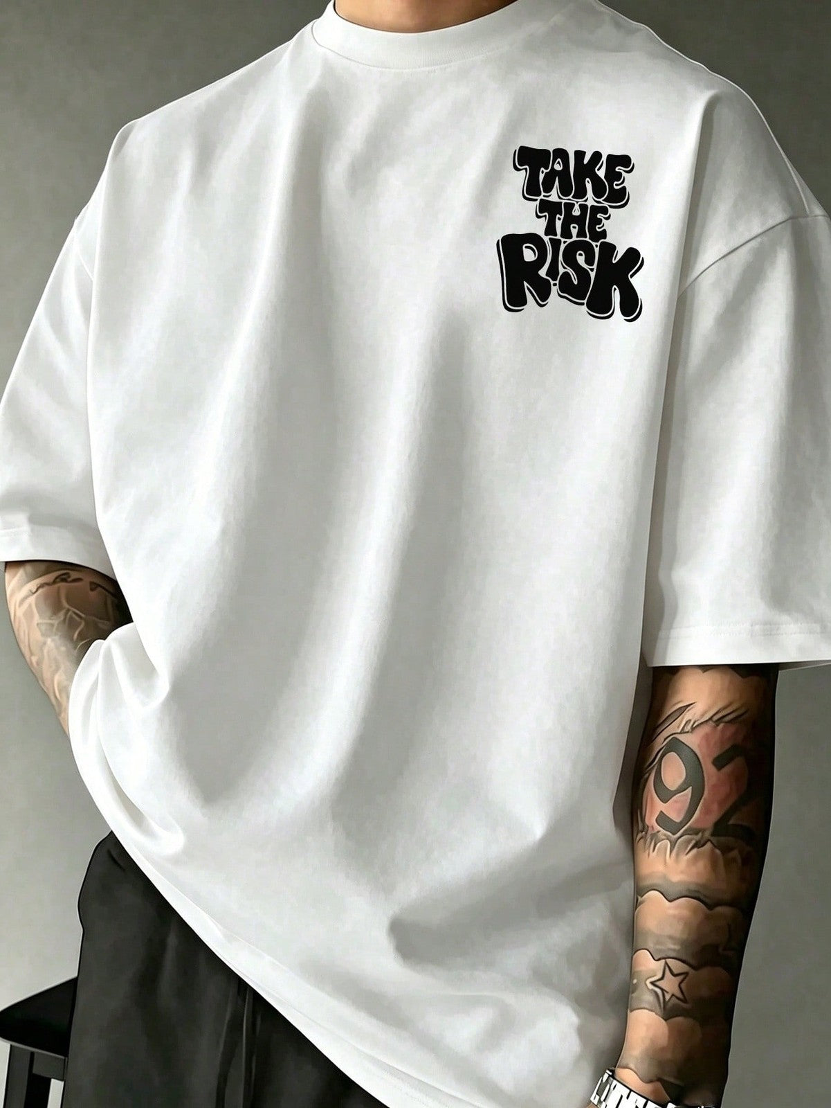 Men's Double Sided Print Crew Neck T-Shirt, Take The Risk Letter Graphic