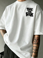 Men's Double Sided Print Crew Neck T-Shirt, Take The Risk Letter Graphic