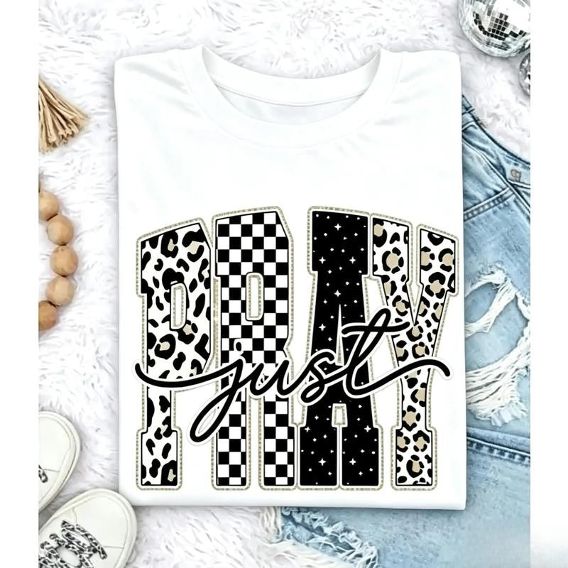 Leopard-Checkered Pattern Round Neck Personalized Letter Print Short Sleeve