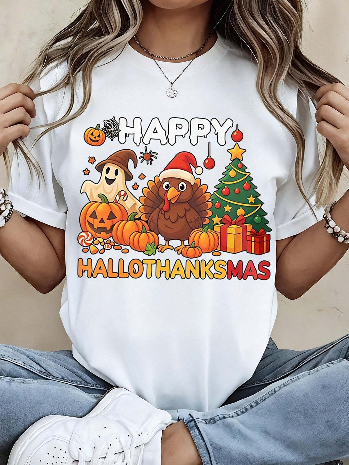 Happy Hallothanksmas T Shirt Women Funny Halloween Thanksgiving Graphic Tee