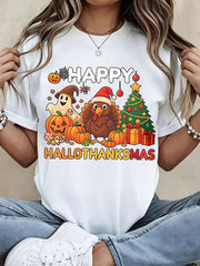 Happy Hallothanksmas T Shirt Women Funny Halloween Thanksgiving Graphic Tee