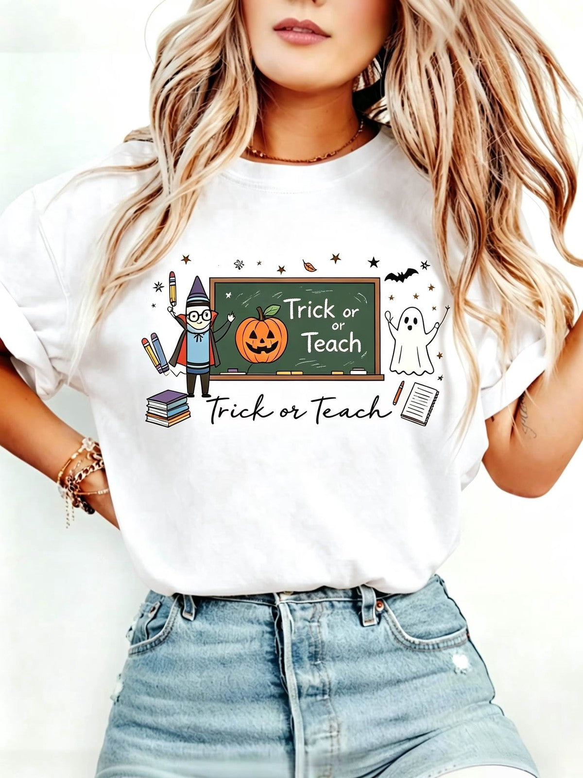 Halloween Teacher T-Shirt Cute School Supplies Witch Pencil Tee