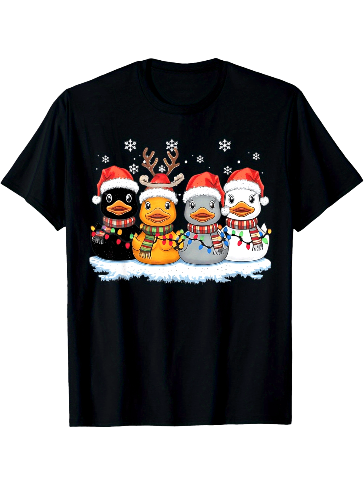 Cute Christmas Rubber Ducks Short Sleeve Santa Hat Scarf Holiday Winter Shirt