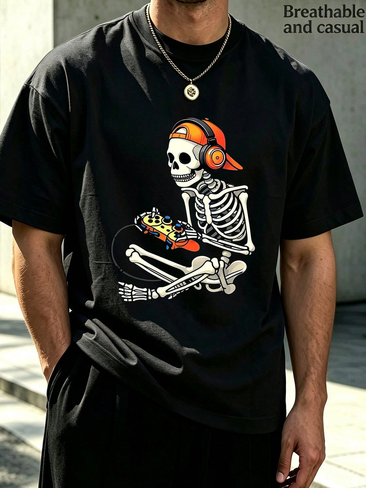 1pc Men' S Gaming Skeleton Print Black TShirt, Crew Neck, Casual Cotton Tee