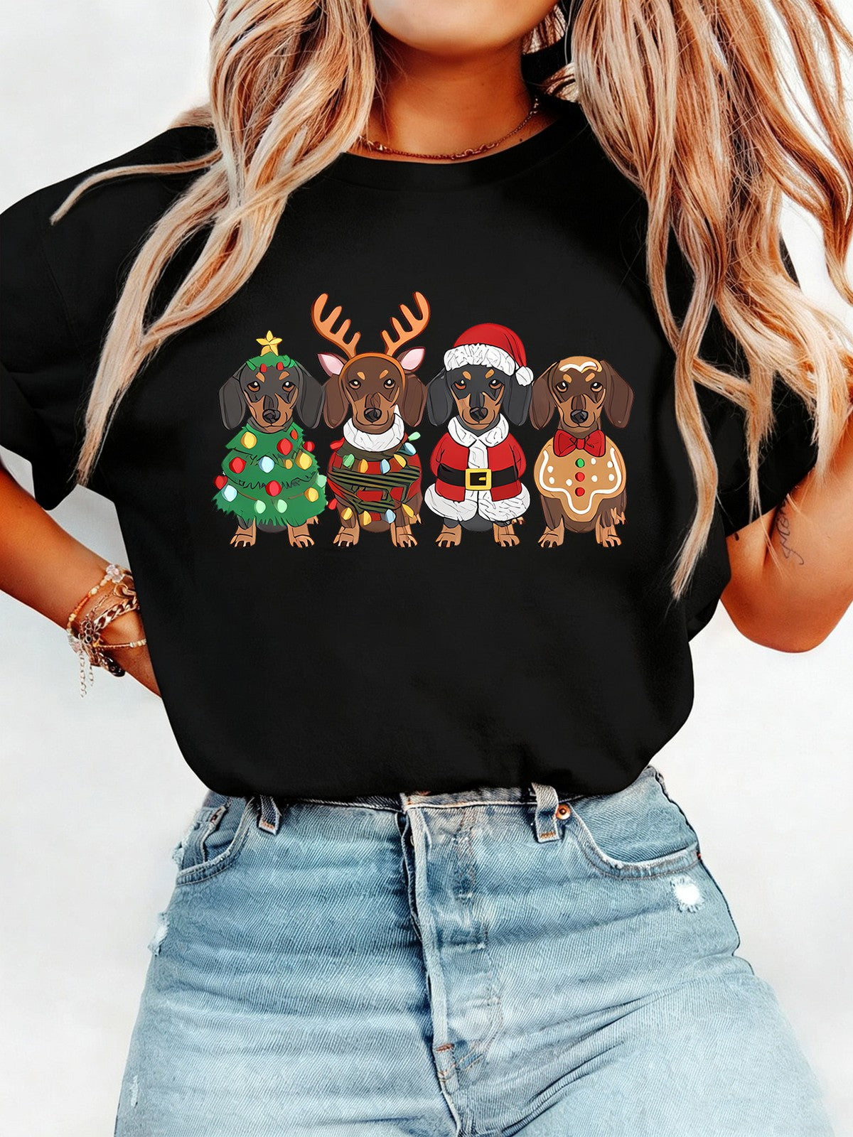Women Christmas Dachshund Dogs Santa Reindeer Tree Gingerbread Graphic T-Shirt
