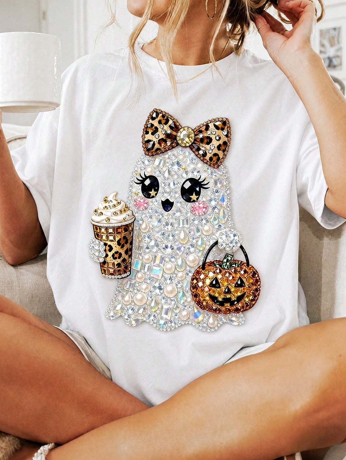 Women Halloween Cute Rhinestone Pearl Ghost Doll Bow Coffee Pumpkin Print Tee
