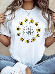 Bee Happy Bumble Bee Graphic Tee Women Cute Positive Quote Short Sleeve T-Shirt