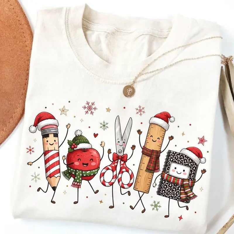 Teacher Christmas T-Shirt, School Supplies Teacher Graphic Tee,Christmas Teacher