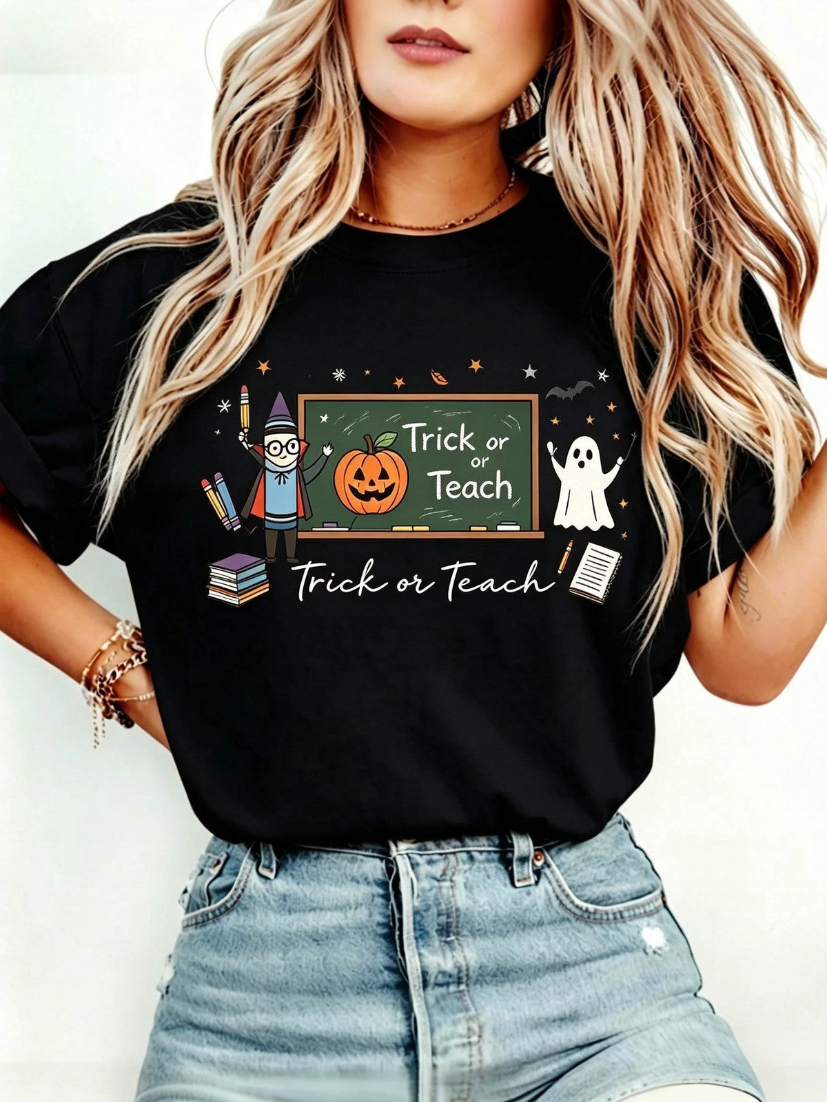 Halloween Teacher T-Shirt Cute School Supplies Witch Pencil Tee