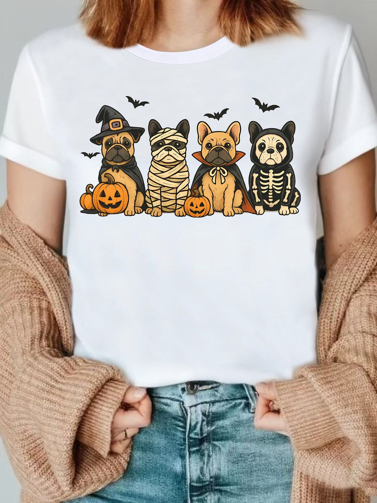 Women Halloween Frenchie Dogs in Witch Mummy Vampire Skeleton Costumes Tee