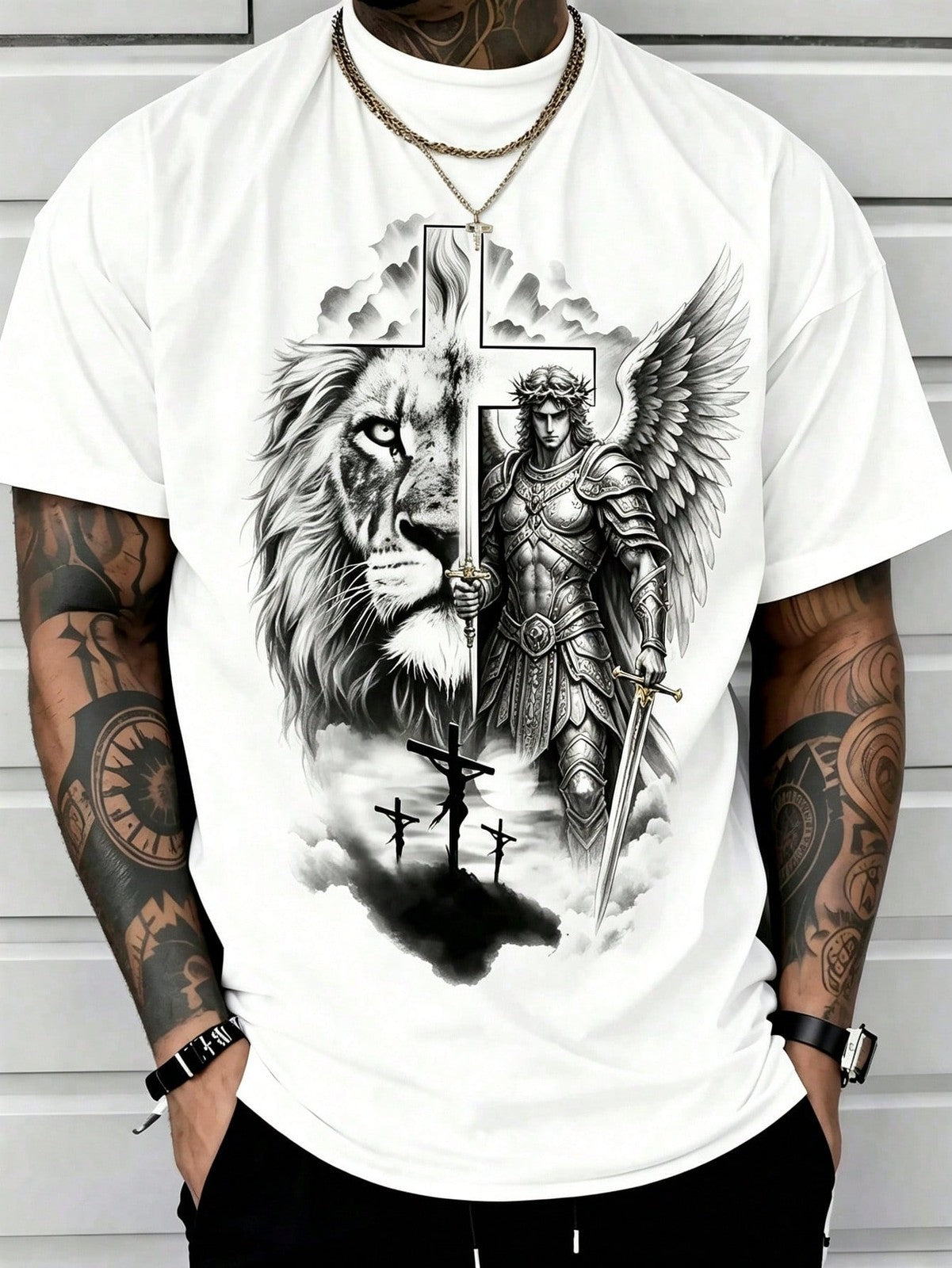 Man S' Lion Cross Print Black TShirt, Crew Neck, Casual Cotton Tee
