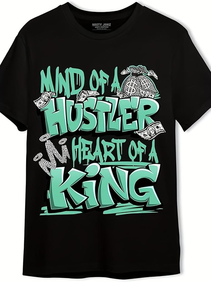 Men's Clothing MIND OF A HUSTLER HEART OF A KING Black T-Shirt - Bold Green