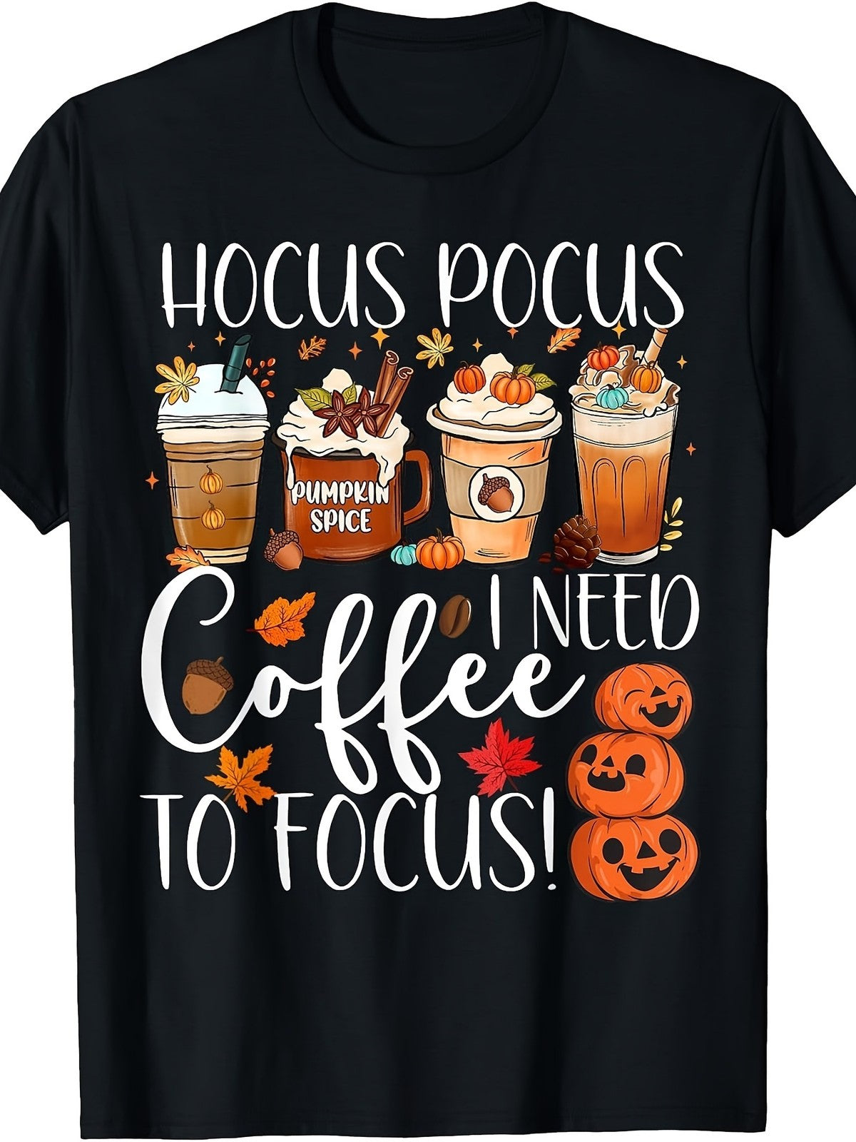 Cute Hocus Pocus I Need Coffee to Focus Fall Pumpkin TShirt Retro Casual TEE