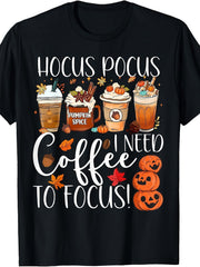 Cute Hocus Pocus I Need Coffee to Focus Fall Pumpkin TShirt Retro Casual TEE