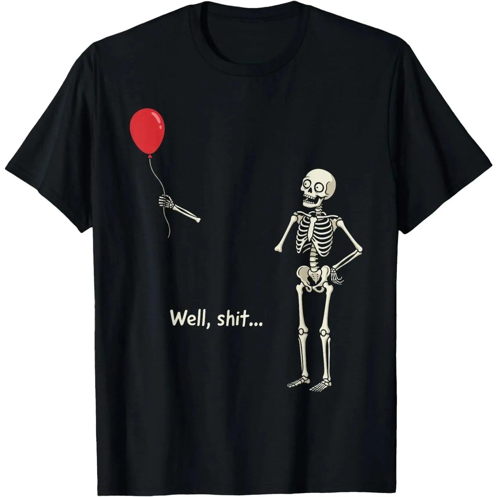 Funny Skeleton Red Balloon Graphic Tee Halloween Skeleton Art Casual T Shirt`
