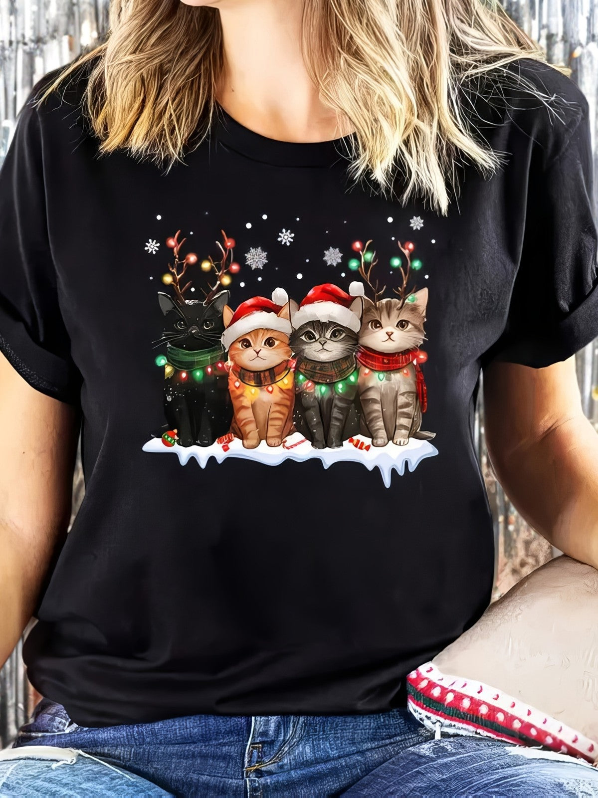 Christmas Cats T-Shirt, Santa Hat Reindeer Antlers Lights Holiday Graphic Tee